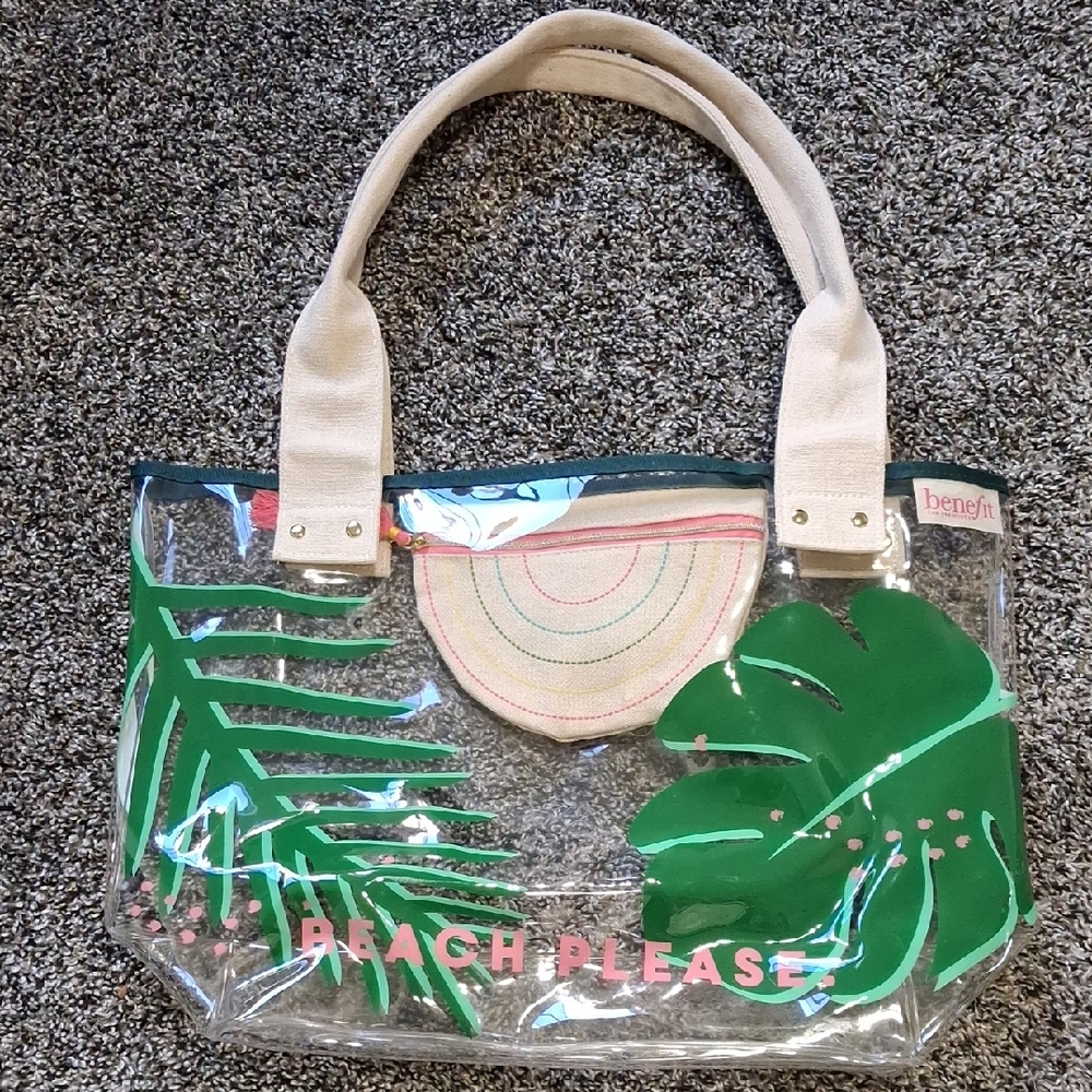 Benefit Transparent Tote with Green Leaf and Pink Accents